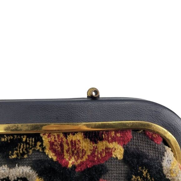Vintage 60s Verdi Tapestry Carpet Bag Clutch Black 3D Embroidered Floral Framed - Picture 10 of 13